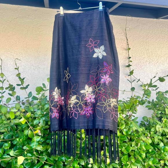 Muse Vintage Silk Fringe Midi Skirt Floral Sequin Embroidery Black Size 4 Small - Picture 4 of 5